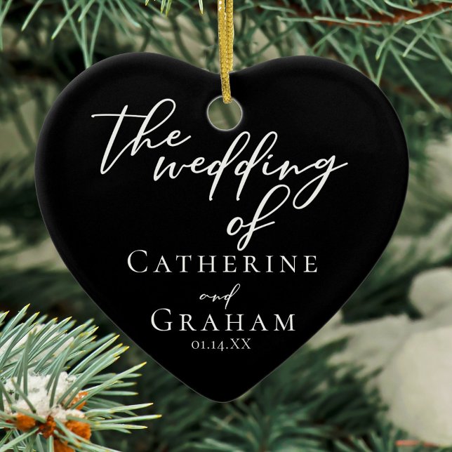 Elegant Wedding Newlywed Photo Custom Black Heart Ceramic Ornament (Creator Uploaded)