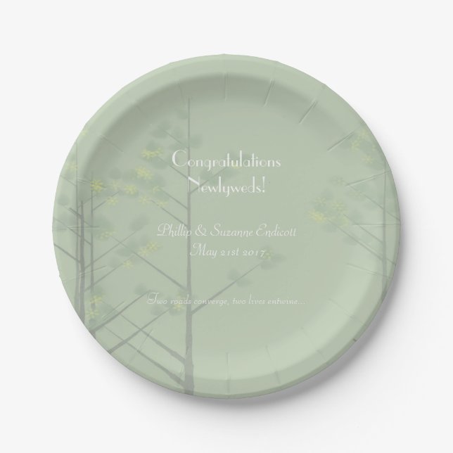 Elegant Wedding Newlyweds Sage Green Tree Art Paper Plates (Front)