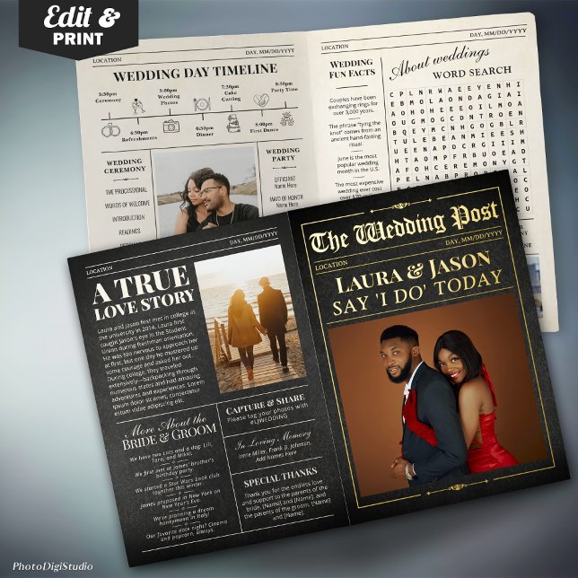 Elegant Wedding Newspaper w. Timeline Black & Gold Foil Greeting Card (Elegant Wedding Newspaper w. Timeline Black & Gold Foil Greeting Card)