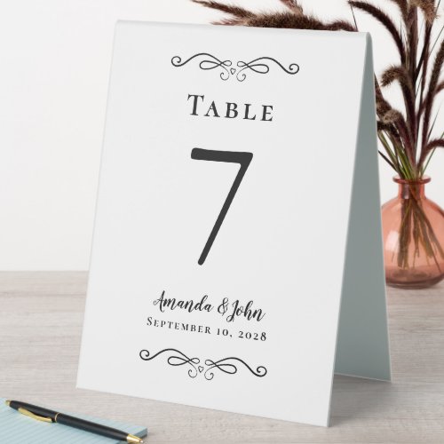 Elegant Wedding Number Calligraphy Black  White Table Tent Sign