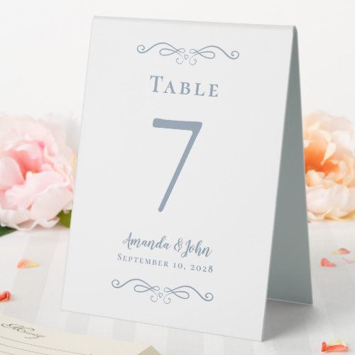 Elegant Wedding Number Calligraphy Chic Dusty Blue Table Tent Sign