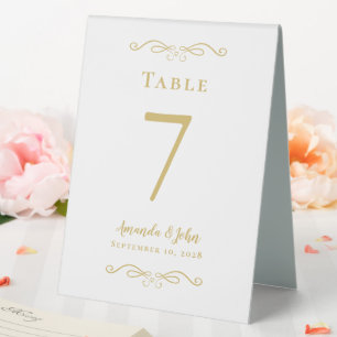 Elegant Wedding Number Calligraphy Chic Gold White Table Tent