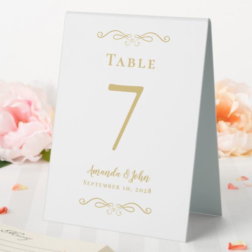 Elegant Wedding Number Calligraphy Chic Gold White Table Tent Sign