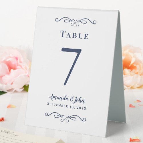 Elegant Wedding Number Calligraphy Chic Navy Blue Table Tent Sign