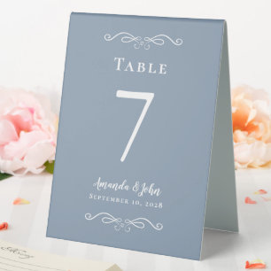 Elegant Wedding Number Calligraphy Dusty Blue Chic Table Tent