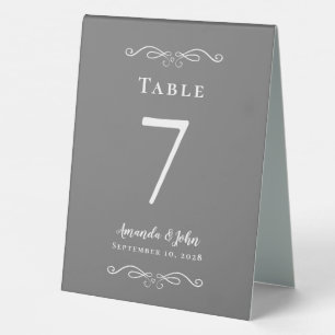 Elegant Wedding Number Calligraphy Gray White Chic Table Tent