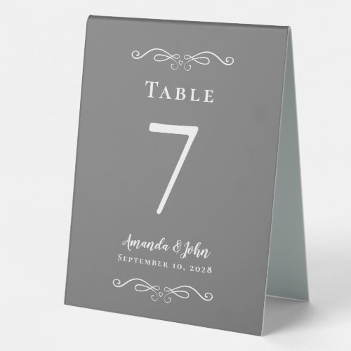 Elegant Wedding Number Calligraphy Gray White Chic Table Tent Sign