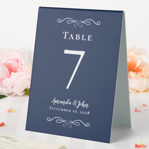 Elegant Wedding Number Calligraphy Navy Blue Chic Table Tent Sign