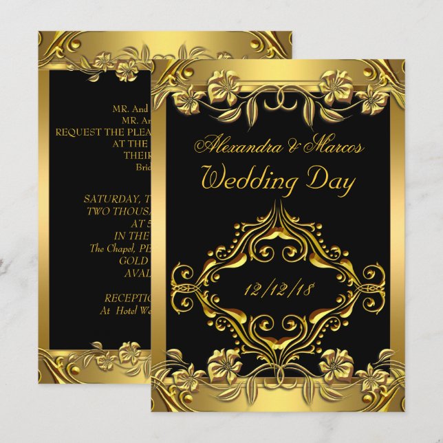 Elegant Wedding Ornate Floral Black Gold Invitation (Front/Back)