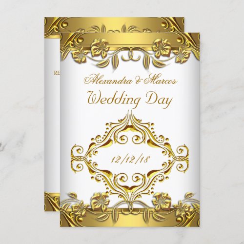 Elegant Wedding Ornate Floral White Gold 2 Invitation