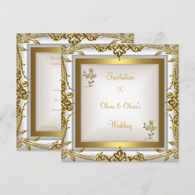 Elegant Wedding Ornate Floral White Gold Invitation (Front/Back)