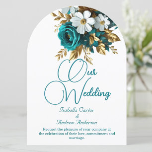 Elegant Wedding Ornate Teal White Gold Flowers Invitation