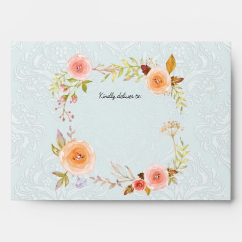 Elegant Wedding Painted Watercolor Floral w Damask Envelope