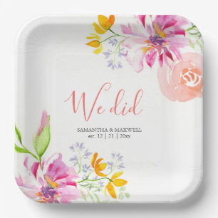 Elegant Wedding Paper Plates Watercolor Flowers