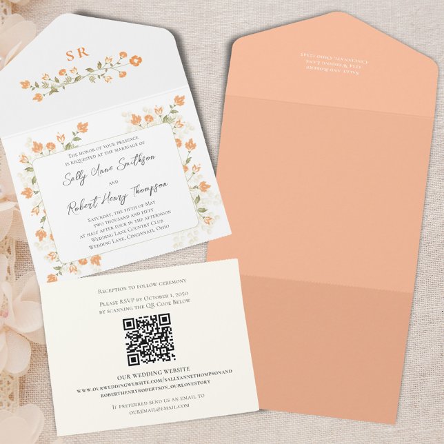 Elegant Wedding Peach Floral Calligraphy Script All In One Invitation (Elegant peach floral wedding all-in-one style invitation. )