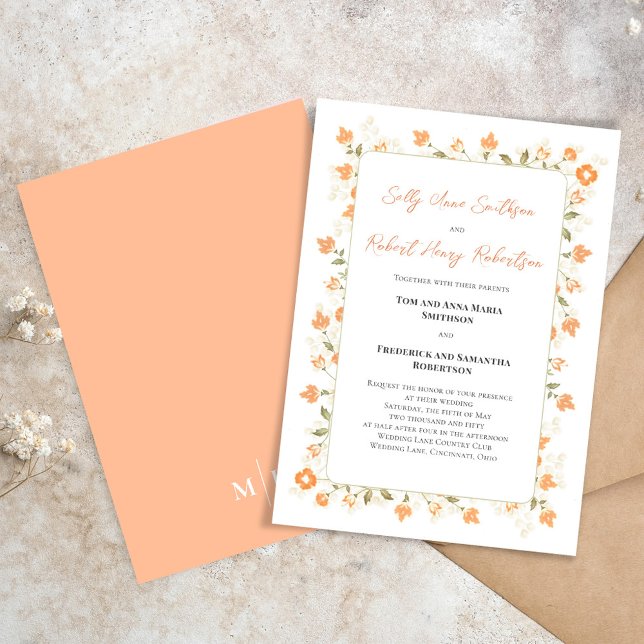 Elegant Wedding Peach Floral Calligraphy Script Invitation (Elegant peach floral wedding invitation with a monogram on the backside. )