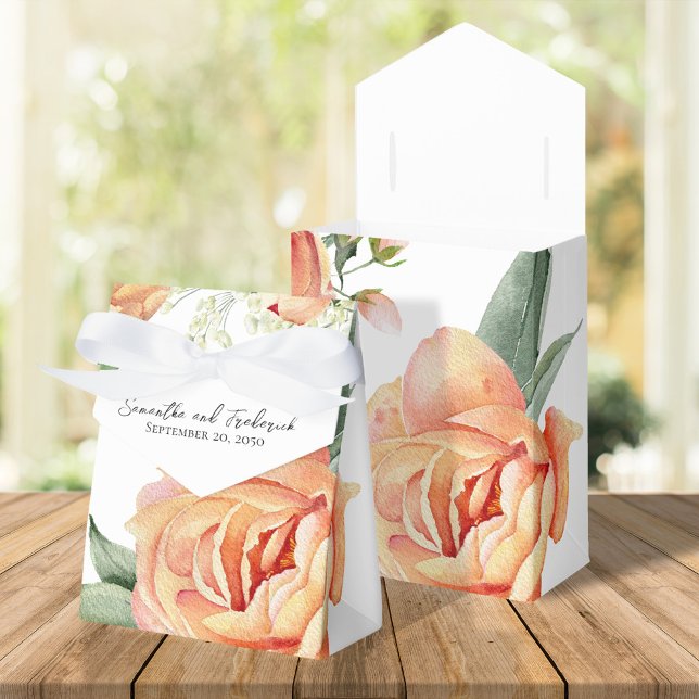 Elegant Wedding Peach Floral Custom Favor Boxes (Peach and white wedding favor box)