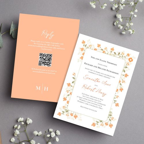 Elegant Wedding Peach Floral Greenery RSVP Invitation