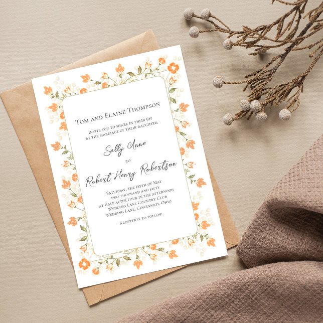 Elegant Wedding Peach Floral Script Invitation (Elegant peach floral wedding invitation with a monogram on the backside. )