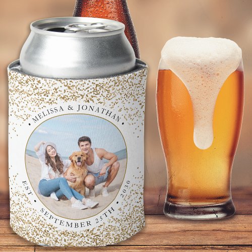Elegant Wedding Personalized Gold Glitter Photo  Can Cooler