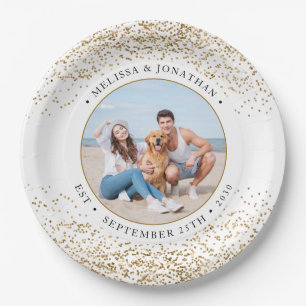 Elegant Wedding Personalized Gold Glitter Photo Paper Plates