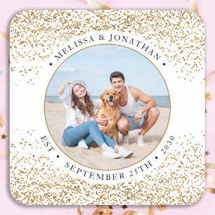 Elegant Wedding Personalized Gold Glitter Photo Square Paper Coaster