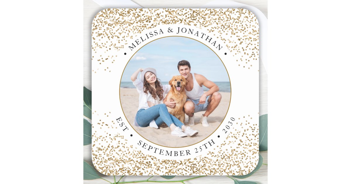 Elegant Wedding Personalized Gold Glitter Photo Square Sticker | Zazzle