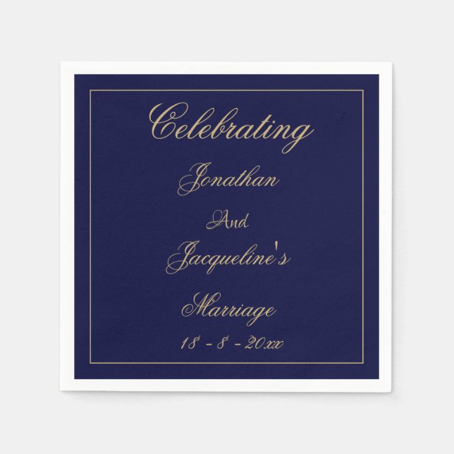 Elegant Wedding Personalized Navy Blue Gold Paper Napkins (Front)