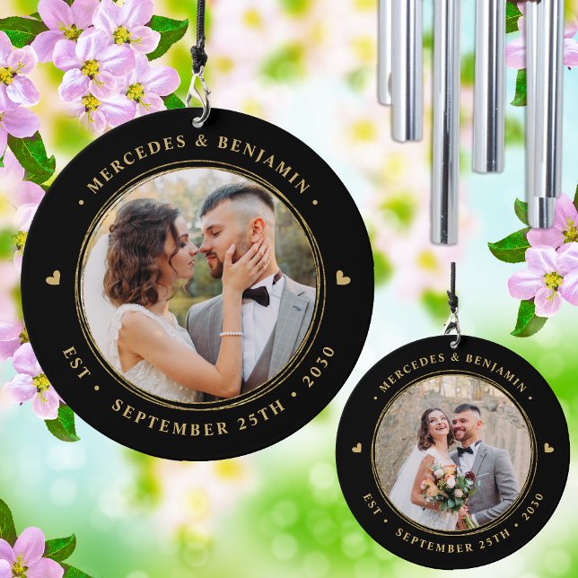 Elegant Wedding Personalized Photo Black Gold Wind Chime (Creator Uploaded)