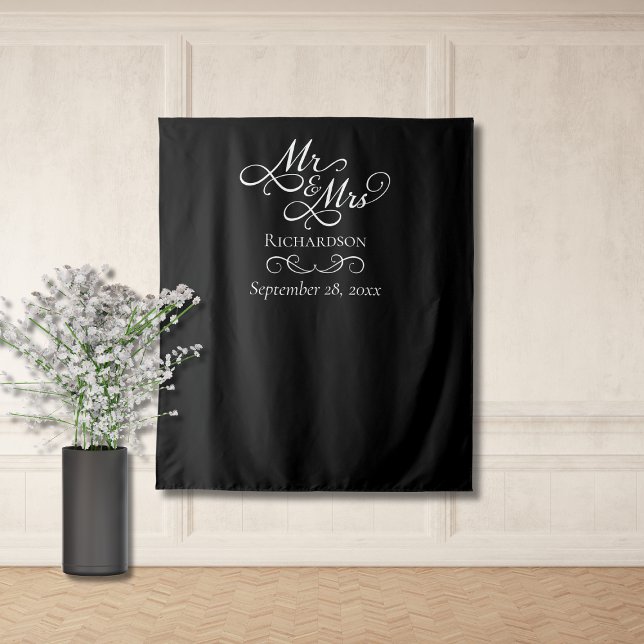 Elegant Wedding Photo Backdrop (elegant black and white wedding reception photo backdrop photobooth for guests, mr and mrs script)