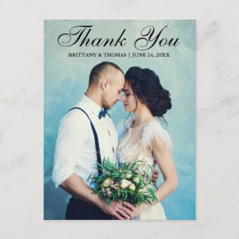 Elegant Wedding Photo Black Script Thank You Postcard by HappyMemoriesPaperCo at Zazzle