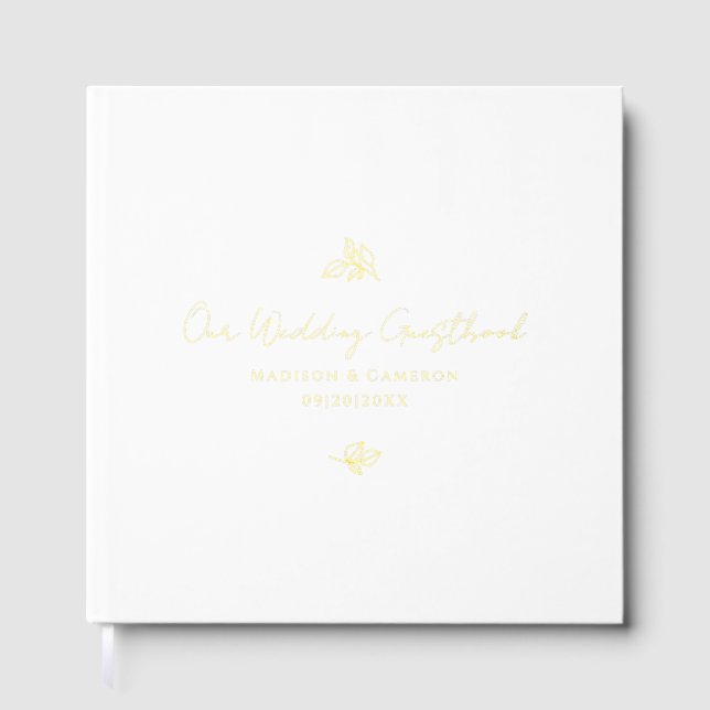 Elegant Wedding Photo Botanical Calligraphy Gold  Foil Guest Book (Front)