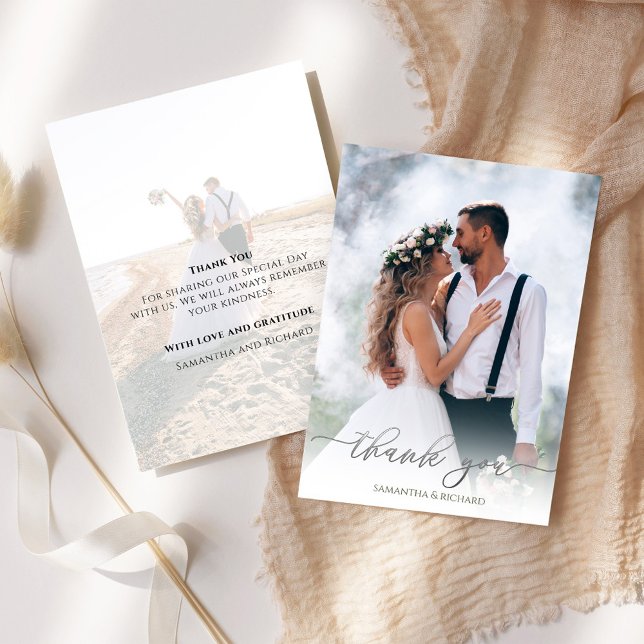 Elegant Wedding Photo Calligraphy Script  Thank You Card (Wedding silver thank you card with elegant calligraphy script. )