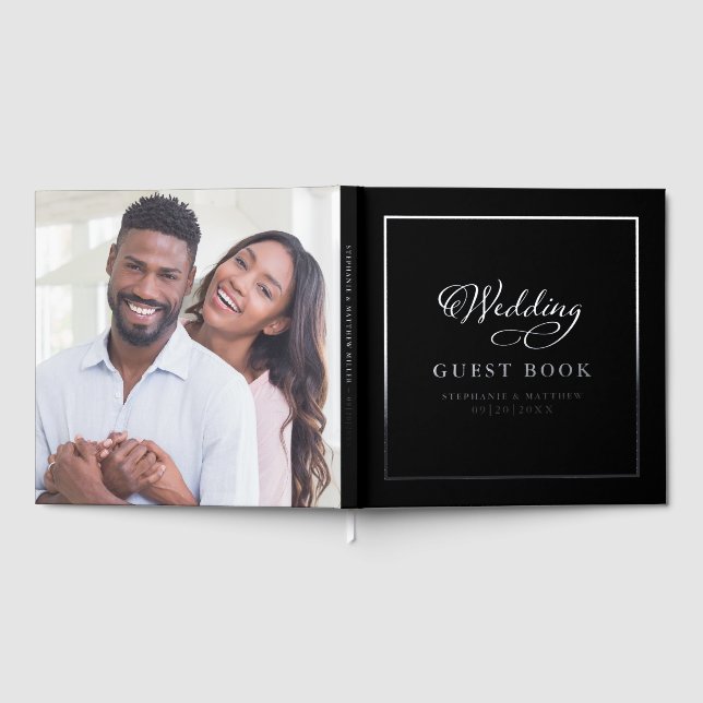 Elegant Wedding Photo Chic Calligraphy Real Silver Foil Guest Book (Full)