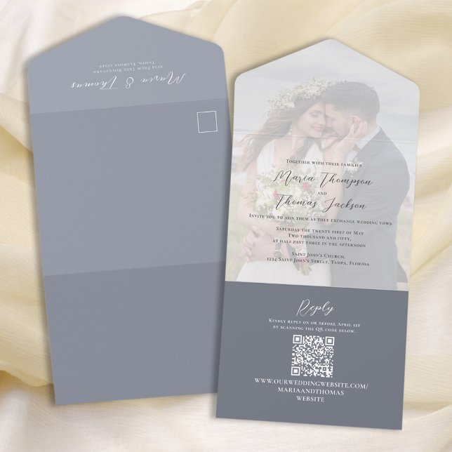 Elegant Wedding Photo Dusty Blue All In One Invitation (Creator Uploaded)