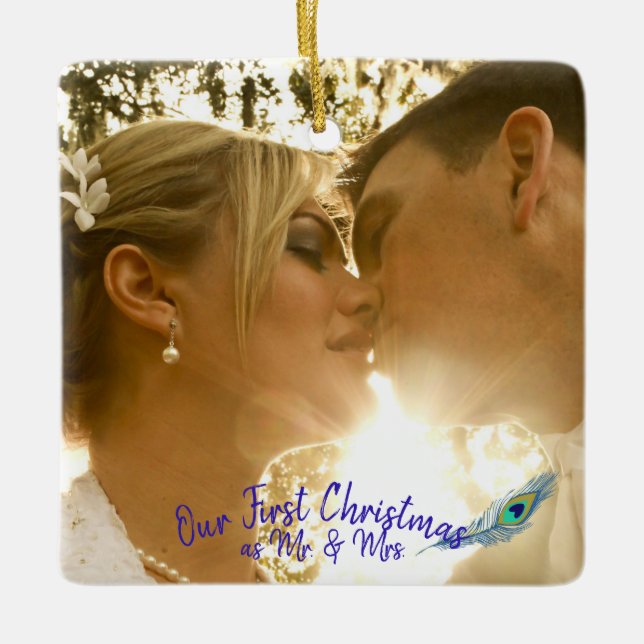 Elegant Wedding Photo First Xmas Peacock Feathers Ceramic Ornament (Front)