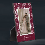 Elegant Wedding Photo Frameless Picture Easel Plaque<br><div class="desc">A tabletop plaque with a built-in easel features your favorite photo surrounded with a beautiful border of white foliage, dots and berries on a burgundy background. CHANGE the background color to MATCH your photo. CHANGE the FOREVER text to anything - TIP: put your text between the two squares to retain...</div>