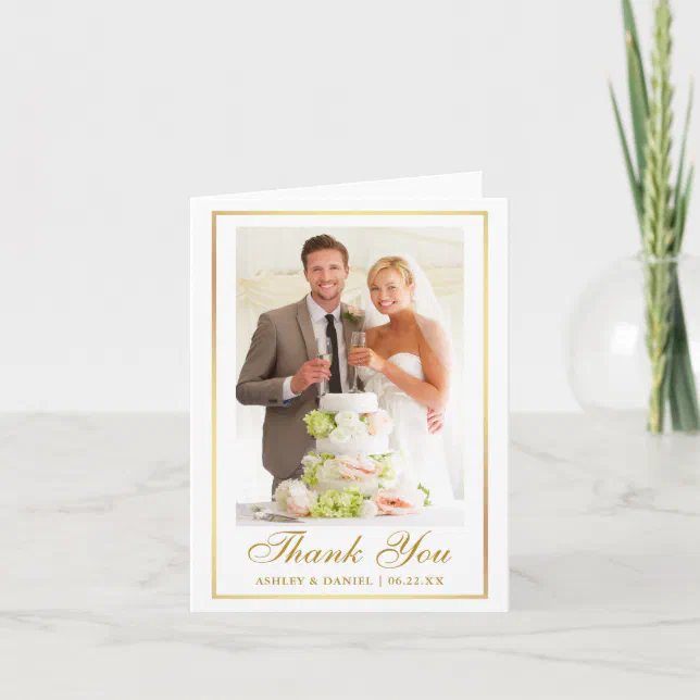 Elegant Wedding Photo Gold Frame Note Thank You Card | Zazzle