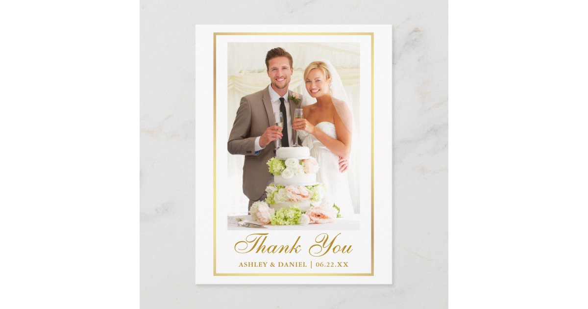 Elegant Wedding Photo Gold Frame Thank You Postcard | Zazzle