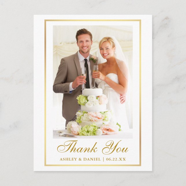 Elegant Wedding Photo Gold Frame Thank You Postcard (Front)