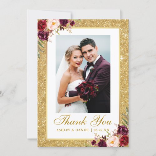 Elegant Wedding Photo Gold Glitter Burgundy Floral Thank You Card