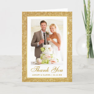 Elegant Wedding Photo Gold Glitter Frame Fold Letterpress Thank You Card