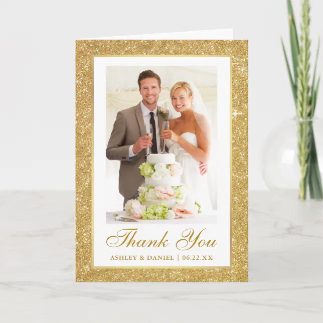 Elegant Wedding Photo Gold Glitter Frame Fold Thank You Card | Zazzle