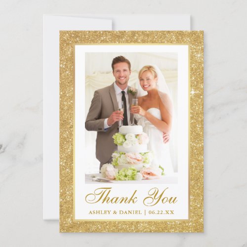 Elegant Wedding Photo Gold Glitter Frame Thank You Card