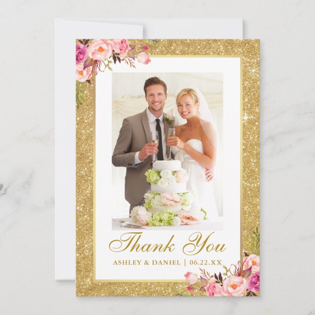 Elegant Wedding Photo Gold Glitter Pink Floral Thank You Card (Front)