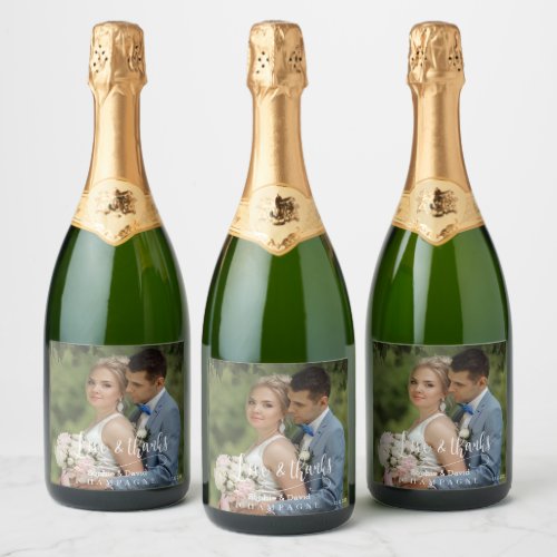 Elegant Wedding Photo Love  Thanks Typography Sparkling Wine Label