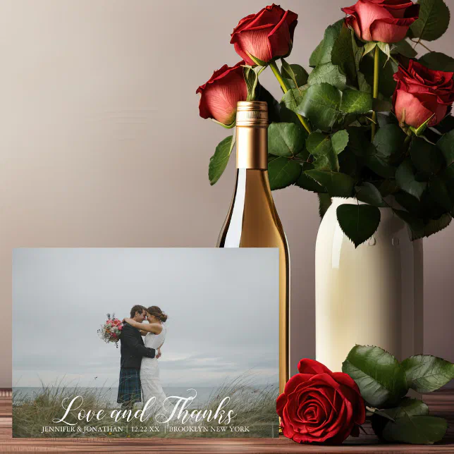 Elegant Wedding Photo Love & Thanks White Script Thank You Card | Zazzle
