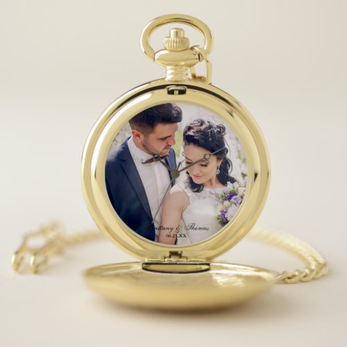 Elegant Wedding Photo Name Date Keepsake Gold Pocket Watch