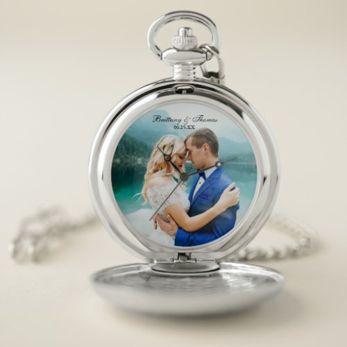 Elegant Wedding Photo Name Date Keepsake Pocket Watch