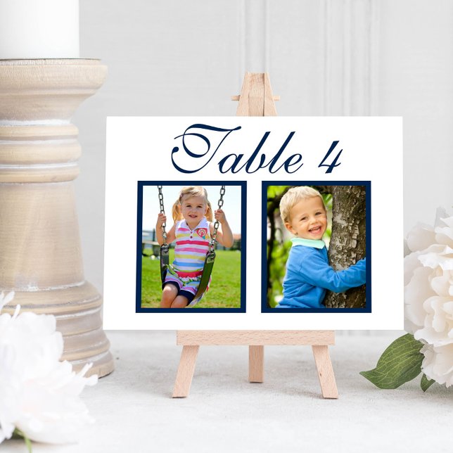 Elegant Wedding Photo Navy Blue Table Number (Creator Uploaded)